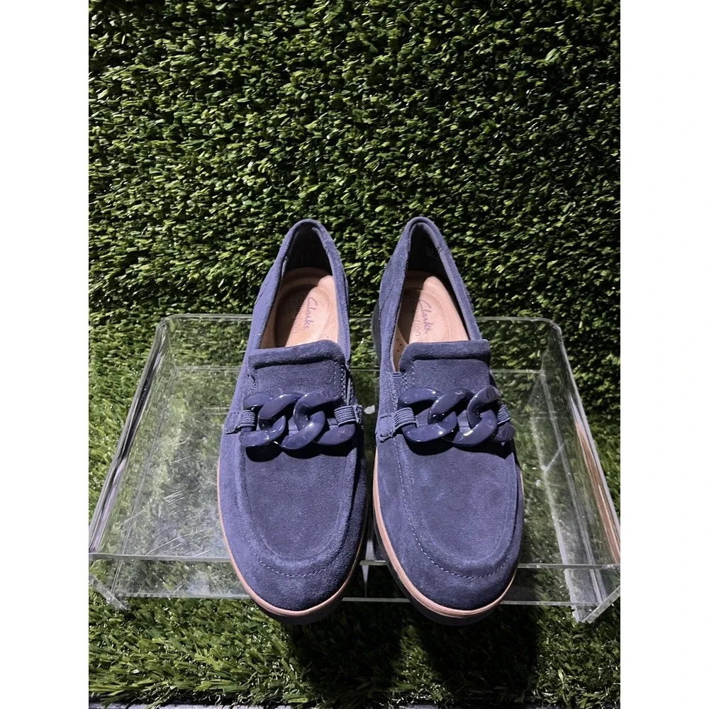 Clarks Zylah May Navy Suede Chain Loafers Platform Style Comfort Shoes Size 9M